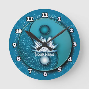 Blaues Yin Yang Lotus-Uhr Runde Wanduhr