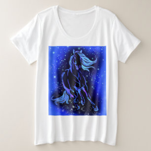 Blaues Zauberpferd am Mondlicht, Sternennacht Große Größe T-Shirt