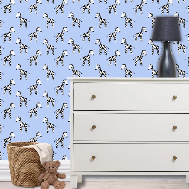Blaues Zebra-Muster Tapete (Zebra wallpaper for boys blue bedroom, nursery or playroom.)