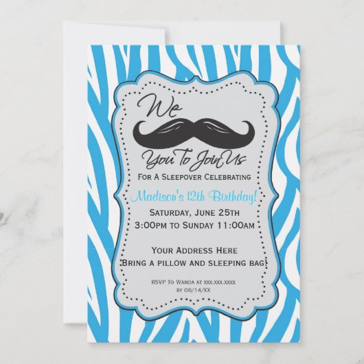 Blaues Zebra-Schnurrbartsleepover-Party! Einladung (Vorderseite)