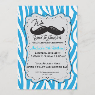 Blaues Zebra-Schnurrbartsleepover-Party! Einladung