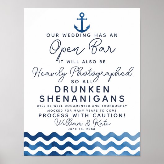 Blaues Zeichen der Nautischen Marine Open Bar Sign Poster (Vorne)
