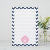 Blaues Zickzack Ikat mit Monogramm Briefpapier (Stehend Vorderseite)