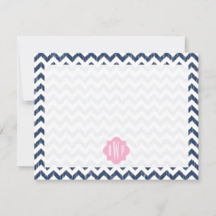 Blaues Zickzack Ikat mit Monogramm flaches Mitteilungskarte