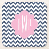 Blaues Zickzack Ikat Monogramm Rechteckiger Pappuntersetzer (Vorderseite)