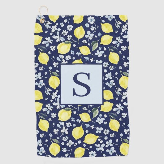 Blaues Zitronen-Blumen-Monogramm Golfhandtuch (Vorderseite)