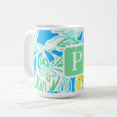Blaues Zitronenmuster-Monogramm Kaffeetasse (Vorderseite Links)