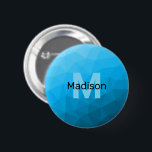 Blaues zyangradientengeometrisches Monogramm Button<br><div class="desc">Monogram Personalize mit Ihrem benutzerdefinierten Initial und Namen. Dreieck geometrische Masche mit dunkelblauem Ober-Farbverlauf,  Muster,  Ober,  Masche,  Dreiecke,  Geometrie,  Gefälle,  cool,  Dreieck,  hell,  blau,  cyan</div>