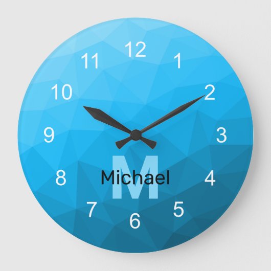 Blaues zyangradientengeometrisches Monogramm Große Wanduhr (Vorderseite)