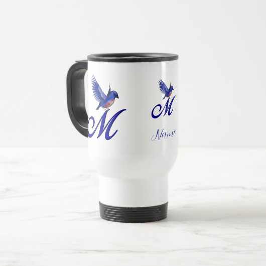 Blauevogel-Monogramm Anfangsbuchstabe M Elegant Pe Reisebecher (Vorderseite Links)