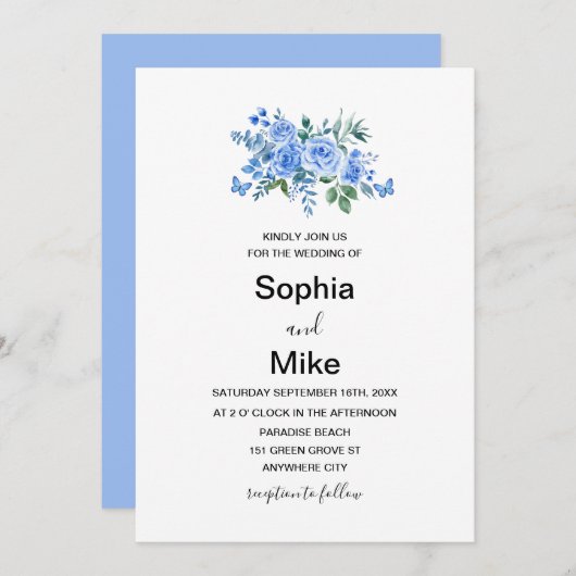 Blaufarbene Blumenschmetterlinge Hochzeit Einladung (Vorne/Hinten)