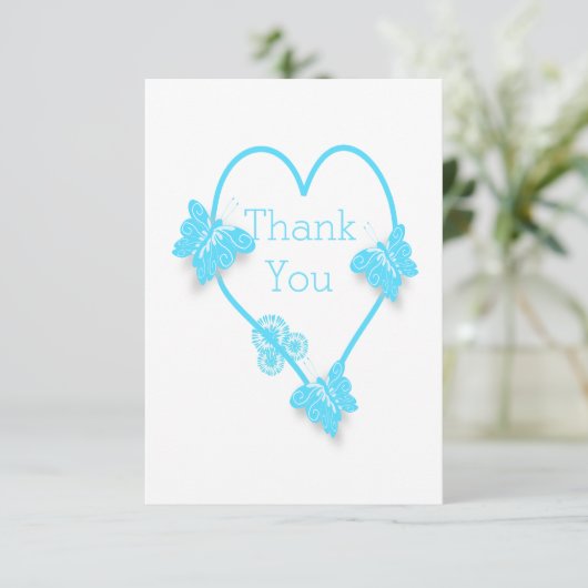 Blaufarbene Butterfly Herzdesign Hochzeit Dankeskarte (Stehend Vorderseite)