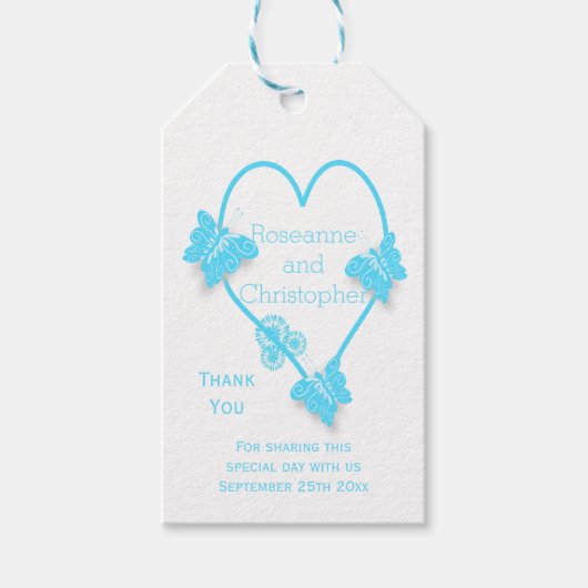 Blaufarbene Butterfly Herzdesign Hochzeit Geschenkanhänger (Vorderseite)