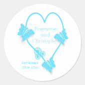 Blaufarbene Butterfly Herzdesign Hochzeit Runder Aufkleber (Vorderseite)