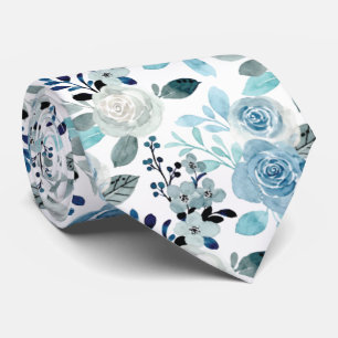 Blaufarbenes Blumenmuster auf Weiß, Hochzeit Krawatte