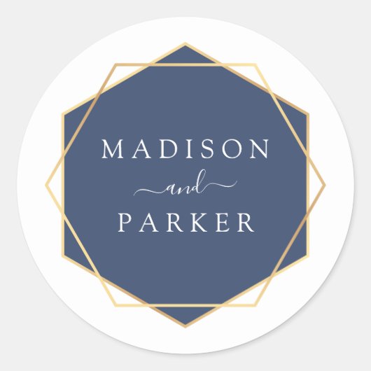 Blaufarbige geometrische Blätter Hochzeit Runder Aufkleber (Vorderseite)