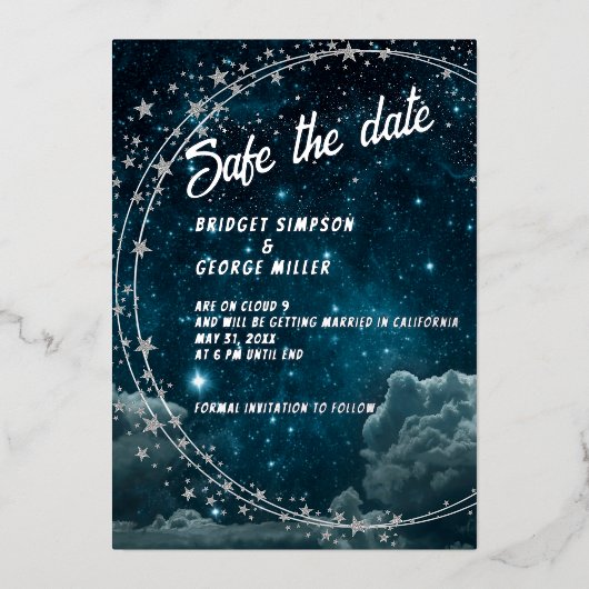 Blaugalaxie Wolke 9 Hochzeit sicher das Datum Folieneinladung (Vorderseite)