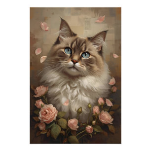 Blaugäugige Katze mit Rosen – Eleganter Blumenpost Poster