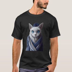 Blaugäugige traurige Katzengesicht mit weißem und  T-Shirt