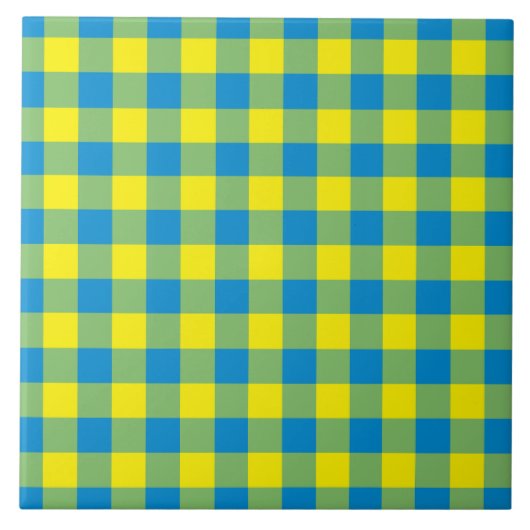 Blaugelb-grünes Kariertes Schachbrett Muster Fliese (Vorderseite)