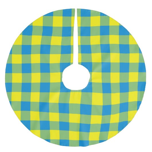 Blaugelb-grünes Kariertes Schachbrett Muster Polyester Weihnachtsbaumdecke (Vorderseite)