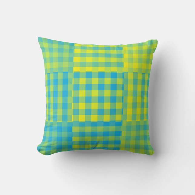 Blaugelb kariertes Patchworkmuster Kissen (Vorderseite)