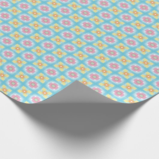 Blaugelb rosa 60er 70er Blumenkarton Geschenkpapier (Ecke)