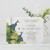 Blaugelb und Silberpfaue - Birdcage laden ein Einladung (Stehend Vorderseite)