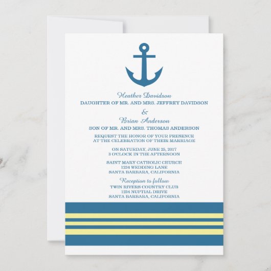 Blaugelbe Ankerhochzeit - Einladung (Vorderseite)