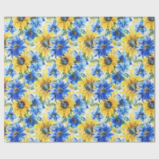 Blaugelbe Blumen Geburtstag Geschenkpapier (Flach)