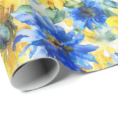 Blaugelbe Blumen Geburtstag Geschenkpapier (Rolleneckpunkt)
