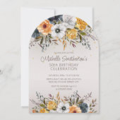 Blaugelbe Blütenblume Glitzer 50. Geburtstag Einladung (Vorderseite)