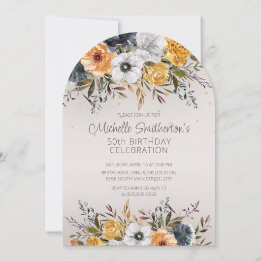 Blaugelbe Blütenblume Glitzer 50. Geburtstag Einladung (Vorderseite)