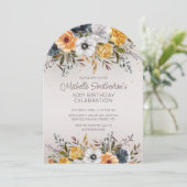 Blaugelbe Blütenblume Glitzer 50. Geburtstag Einladung (Stehend Vorderseite)