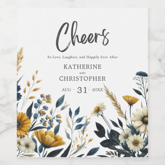 Blaugelbe Elegante Wildblumen Cheers Wedding Weinetikett (Einzelnes Label)