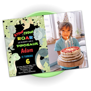 Blaugelbe grüne Dinosaurier Geburtstag mit Foto Einladung