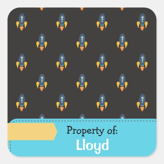 Blaugelbe Raketenraummuster Personalisiert Quadratischer Aufkleber (Vorderseite)