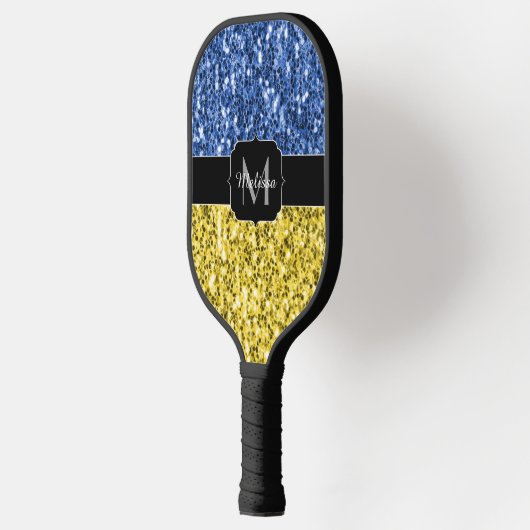 Blaugelbe ukrainische Flagge Glitzer Imitate Monog Pickleball Schläger (Links)