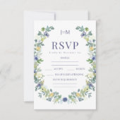 Blaugelbe weiße Blume Wreath Wedding RSVP Karte (Vorderseite)