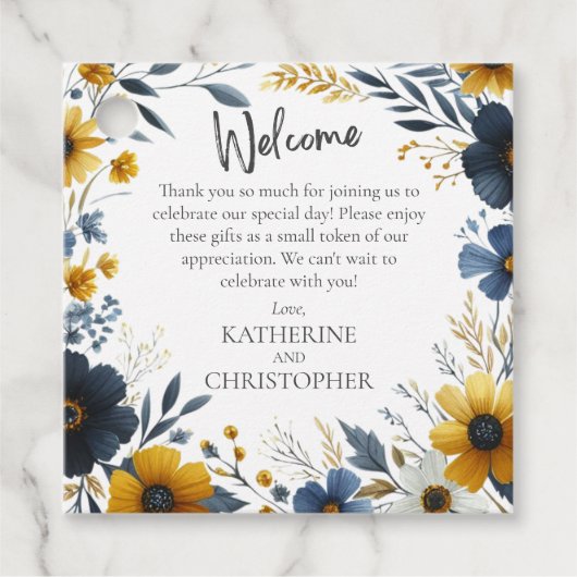 Blaugelbe Wildblume Hochzeitsgeschenk Begrüßungsko Geschenkanhänger (Vorderseite)