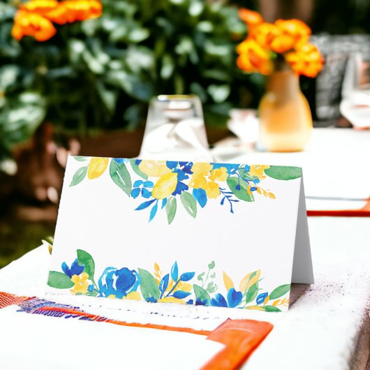 Blaugelbe Zitronen Blumenbezeichnung Brautparty Platzkarte