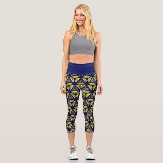 Blaugelbes Abstraktes geometrisches Muster Capri Leggings (Vorderseite)