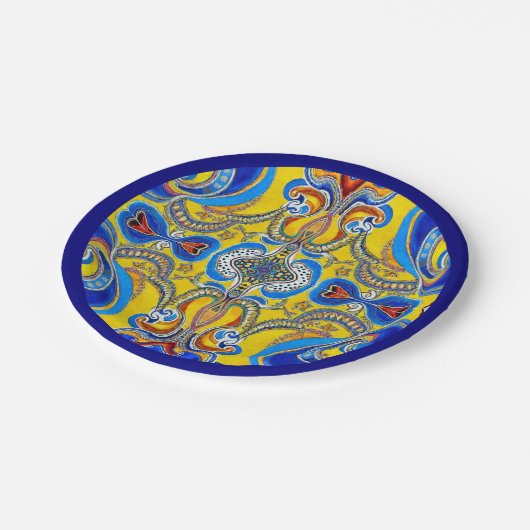 Blaugelbes Muster, blaue Kante, künstlerisch fett Pappteller (Schrägansicht)