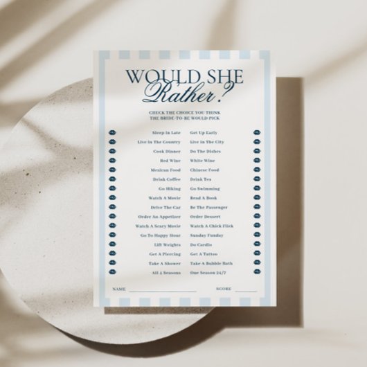Blaugestreifte 'Would She Rather'-Karte Einladung
