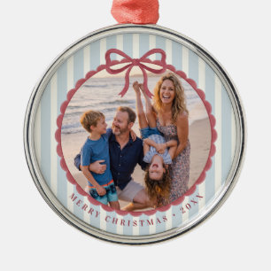 Blaugestreiftes Schleifen-Weihnachtsfoto Ornament Aus Metall