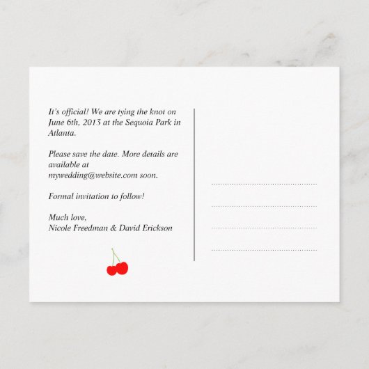 Blaugingham Land Rustikale Kirsche Save the Date Ankündigungspostkarte (Rückseite)