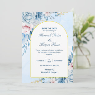 Blaugold Aquarell Florale Hochzeit Einladung zum V