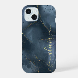 Blaugold handbemaltes Alkohol-Tinte iPhone 15 Hülle