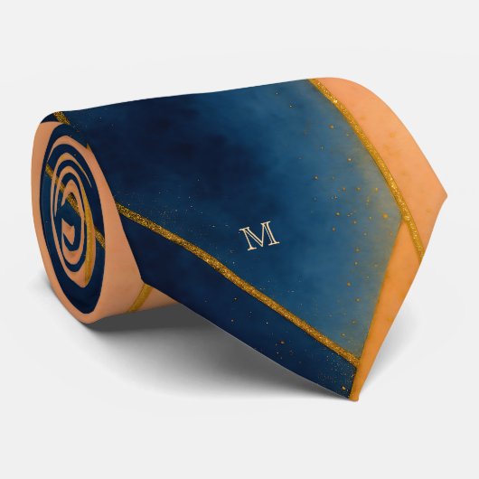 Blaugold Orange Geometrisches Muster Monogramm Krawatte (Gerollt)