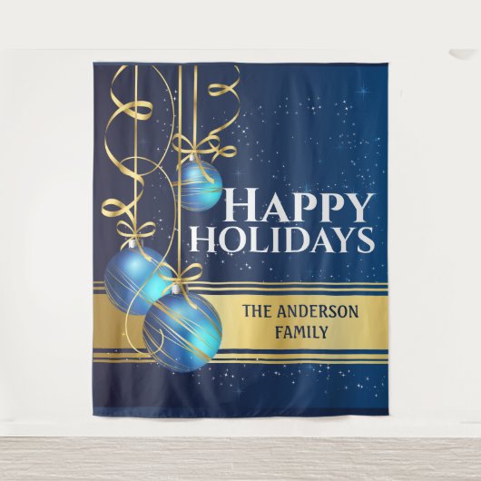 Blaugoldbälle hübsches Band Weihnachtsgrüße Wandteppich (Vorderseite)